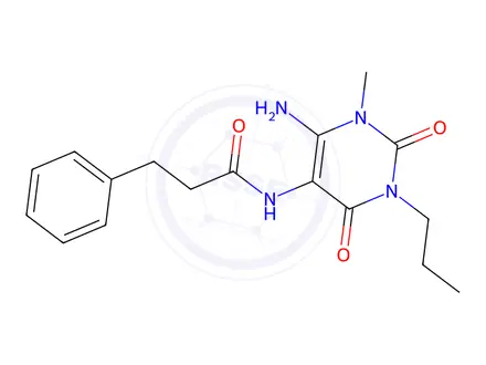 Chemical structure of Benzenepropanamide, N-(6-amino-1,2,3,4-tetrahydro-1-methyl-2,4-dioxo-3-propyl-5-pyrimidinyl)-