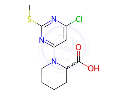 Chemical structure of 1-(6-Chloro-2-(methylthio)pyrimidin-4-yl)piperidine-2-carboxylic acid
