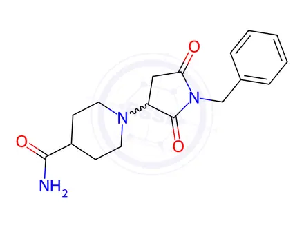 Chemical structure of 1-(1-Benzyl-2,5-dioxopyrrolidin-3-yl)piperidine-4-carboxamide