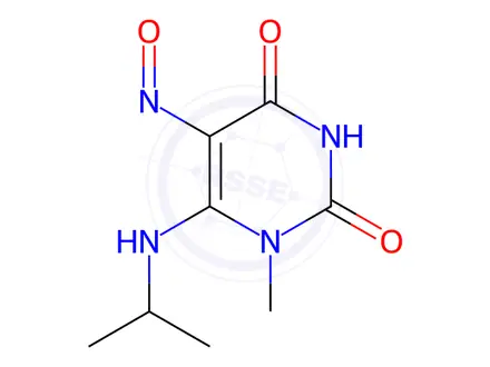 Chemical structure of 2,4(1H,3H)-Pyrimidinedione, 1-methyl-6-[(1-methylethyl)amino]-5-nitroso-(9CI)
