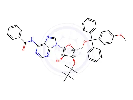 Chemical structure of N-benzoyl-3'-O-[(1,1-dimethylethyl)dimethylsilyl]-5'-O-[(4-methoxyphenyl)diphenylmethyl]-(9CI)