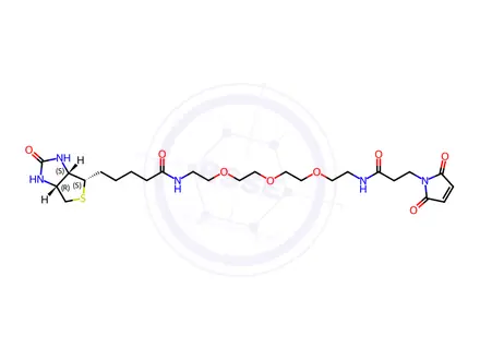 Chemical structure of N-(15-(2,5-dioxo-2,5-dihydro-1H-pyrrol-1-yl)-13-oxo-3,6,9-trioxa-12-azapentadecyl)-5-((3aS,4S,6aR)-2-oxohexahydro-1H-thieno[3,4-d]imidazol-4-yl)pentanamide