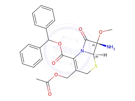 Chemical structure of benzhydryl (6R,7S)-3-(acetoxymethyl)-7-amino-7-methoxy-8-oxo-5-thia-1-azabicyclo[4.2.0]oct-2-ene-2-carboxylate