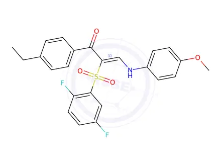 Chemical structure of (Z)-2-((2,5-difluorophenyl)sulfonyl)-1-(4-ethylphenyl)-3-((4-methoxyphenyl)amino)prop-2-en-1-one