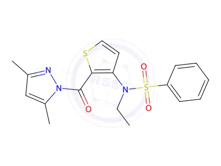 Chemical structure of N-(2-(3,5-dimethyl-1H-pyrazole-1-carbonyl)thiophen-3-yl)-N-ethylbenzenesulfonamide
