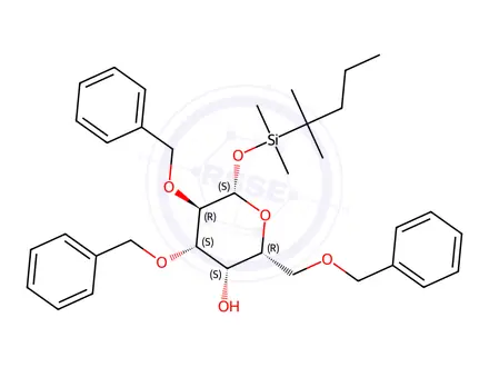 Chemical structure of (2R,3S,4S,5R,6S)-4,5-bis(benzyloxy)-2-((benzyloxy)methyl)-6-((dimethyl(2-methylpentan-2-yl)silyl)oxy)tetrahydro-2H-pyran-3-ol