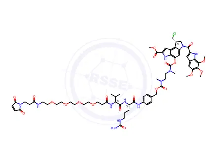 Chemical structure of Mal-PEG4-VC-PAB-DMEA-Seco-Duocarmycin SA