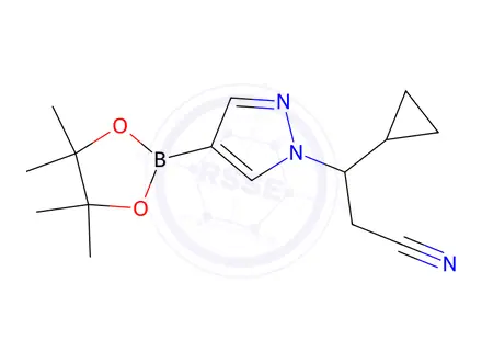 Chemical structure of 3-Cyclopropyl-3-(4-(4,4,5,5-tetramethyl-1,3,2-dioxaborolan-2-yl)-1H-pyrazol-1-yl)propanenitrile