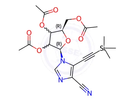 Chemical structure of 5-(2-(Trimethylsilyl)-1-ethyn-1-yl)-1-(2’,3’,5’-tri-O-acetyl-β-D-ribofuranosyl)imidazo-4-carbonitrile