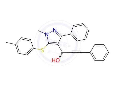 Chemical structure of 1-(1-Methyl-3-phenyl-5-(p-tolylthio)-1H-pyrazol-4-yl)-3-phenylprop-2-yn-1-ol