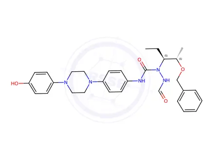 Chemical structure of 1-((2S,3S)-2-(benzyloxy)pentan-3-yl)-2-formyl-N-(4-(4-(4-hydroxyphenyl)piperazin-1-yl)phenyl)hydrazinecarboxamide