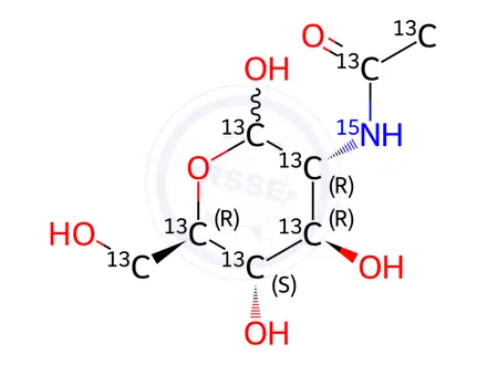 Chemical structure of N-[1,2-13C2]acetyl-D-[UL-13C6;15N]glucosamine