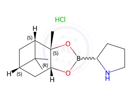 Chemical structure of Pyrrolidine, 2-[(3aS,4S,6S,7aR)-hexahydro-3a,5,5-trimethyl-4,6-methano-1,3,2-benzodioxaborol-2-yl]-, hydrochloride (1:1)