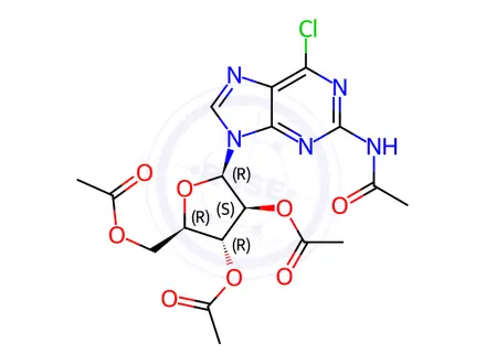 Chemical structure of (2R,3S,4R,5R)-2-(2-acetamido-6-chloro-9H-purin-9-yl)-5-(acetoxymethyl)tetrahydrofuran-3,4-diyl diacetate