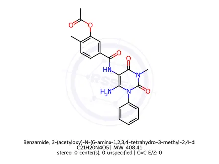 Chemical structure of Benzamide, 3-(acetyloxy)-N-(6-amino-1,2,3,4-tetrahydro-3-methyl-2,4-dioxo-1-phenyl-5-pyrimidinyl)-4-methyl-