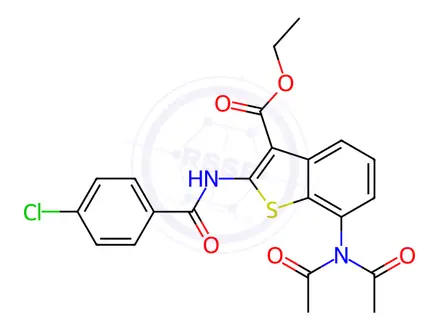 Chemical structure of Ethyl 7-(N-acetylacetamido)-2-(4-chlorobenzamido)benzo[b]thiophene-3-carboxylate