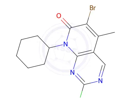Chemical structure of 6-bromo-2-chloro-8-cyclohexyl-5-methylpyrido[2,3-d]pyrimidin-7(8H)-one