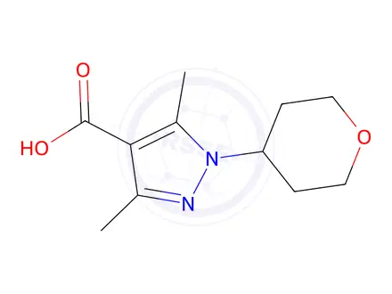 Chemical structure of 3,5-Dimethyl-1-(tetrahydro-2H-pyran-4-yl)-1H-pyrazole-4-carboxylic Acid