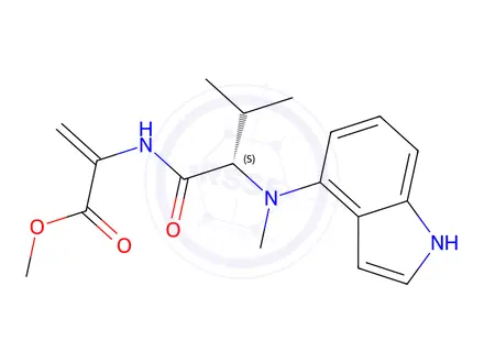 Chemical structure of (S)-2-(2-((1H-indol-4-yl)(methyl)amino)-3-methylbutanamido)acrylic acid
