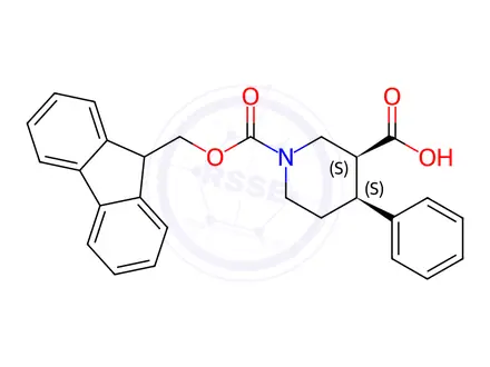 Chemical structure of (3S,4S)-1-(((9H-fluoren-9-yl)methoxy)carbonyl)-4-phenylpiperidine-3-carboxylic acid
