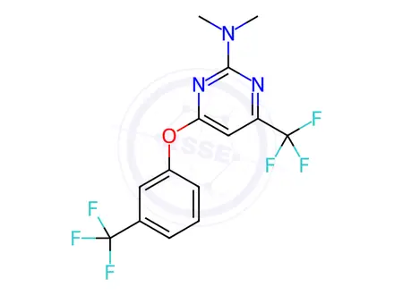 Chemical structure of N,N-dimethyl-4-(trifluoromethyl)-6-(3-(trifluoromethyl)phenoxy)pyrimidin-2-amine
