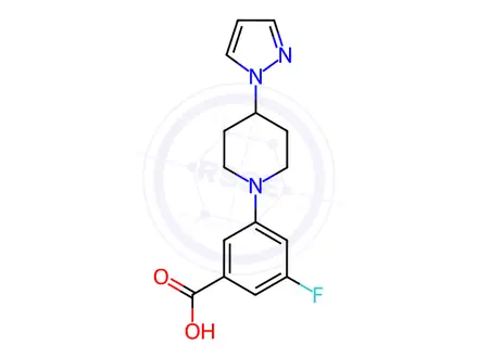 Chemical structure of Benzoic acid, 3-fluoro-5-[4-(1H-pyrazol-1-yl)-1-piperidinyl]-