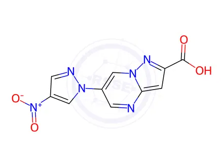 Chemical structure of 6-(4-nitro-1H-pyrazol-1-yl)pyrazolo[1,5-a]pyrimidine-2-carboxylic acid