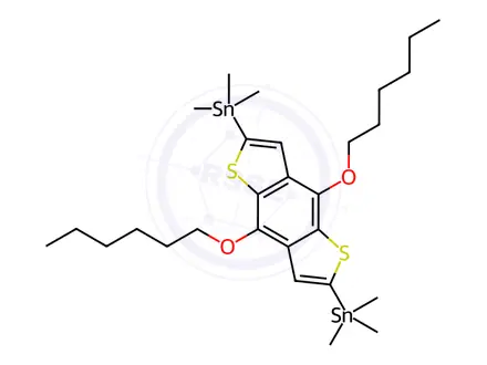 Chemical structure of Stannane, 1,1'-[4,8-bis(hexyloxy)benzo[1,2-b:4,5-b']dithiophene-2,6-diyl]bis[1,1,1-trimethyl-