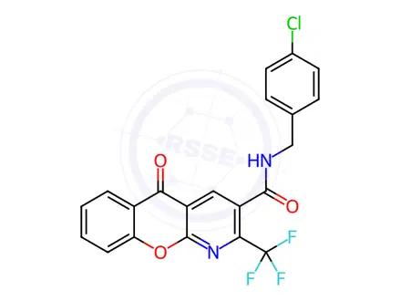Chemical structure of N-[(4-Chlorophenyl)methyl]-5-oxo-2-(trifluoromethyl)-5H-chromeno[2,3-b]pyridine-3-carboxamide