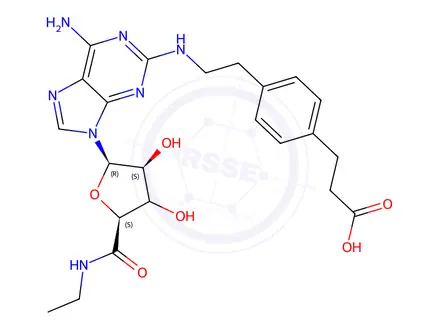 Chemical structure of 4-[2-[[6-Amino-9-(N-ethyl--D-ribofuranuronamidosyl)-9H-purin-2-yl]amino]ethyl]benzenepropanoic Acid Hydrochloride