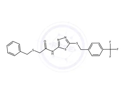 Chemical structure of 2-(Benzylthio)-N-(5-((4-(trifluoromethyl)benzyl)thio)-1,3,4-thiadiazol-2-yl)acetamide