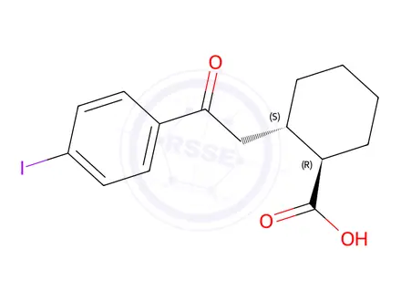 Chemical structure of (1R,2S)-2-(2-(4-iodophenyl)-2-oxoethyl)cyclohexane-1-carboxylic acid