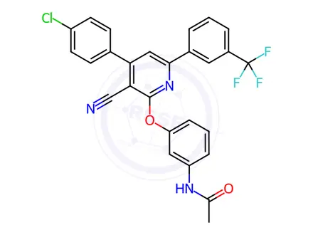 Chemical structure of N-(3-((4-(4-chlorophenyl)-3-cyano-6-(3-(trifluoromethyl)phenyl)pyridin-2-yl)oxy)phenyl)acetamide