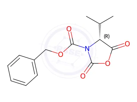 Chemical structure of (R)-benzyl 4-isopropyl-2,5-dioxooxazolidine-3-carboxylate