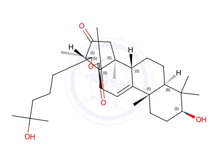Chemical structure of 3β,20,25-Trihydroxy-16-oxo-5α-lanost-9(11)-en-18-oic acid γ-lactone