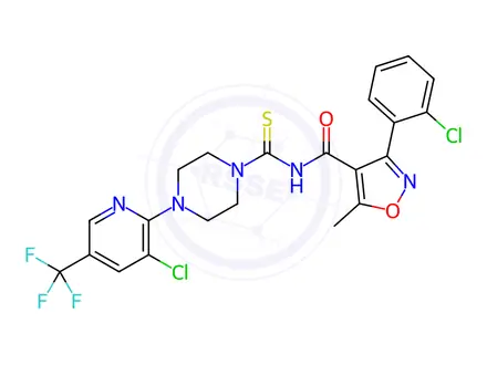Chemical structure of N-(4-(3-chloro-5-(trifluoromethyl)pyridin-2-yl)piperazine-1-carbonothioyl)-3-(2-chlorophenyl)-5-methylisoxazole-4-carboxamide