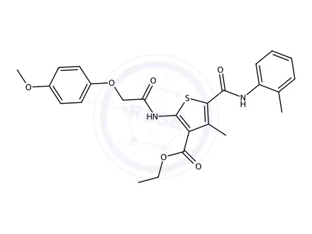 Chemical structure of Ethyl 2-(2-(4-methoxyphenoxy)acetamido)-4-methyl-5-(o-tolylcarbamoyl)thiophene-3-carboxylate