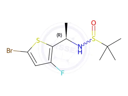 Chemical structure of N-((R)-1-(5-Bromo-3-fluorothiophen-2-yl)ethyl)-2-methylpropane-2-sulfinamide