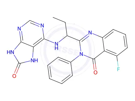 Chemical structure of 5-fluoro-2-(1-((8-oxo-8,9-dihydro-7H-purin-6-yl)amino)propyl)-3-phenylquinazolin-4(3H)-one