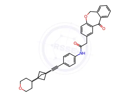 Chemical structure of 2-(11-oxo-6,11-dihydrodibenzo[b,e]oxepin-2-yl)-N-(4-((3-(tetrahydro-2H-pyran-4-yl)bicyclo[1.1.1]pentan-1-yl)ethynyl)phenyl)acetamide