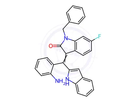 Chemical structure of (Z)-3-((2-Aminophenyl)(1H-indol-2-yl)methylene)-1-benzyl-6-fluoroindolin-2-one
