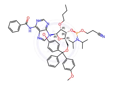 Chemical structure of (2R,3R,4R,5R)-5-(6-Benzamido-9H-purin-9-yl)-2-((bis(4-methoxyphenyl)(phenyl)methoxy)methyl)-4-butoxytetrahydrofuran-3-yl (2-cyanoethyl) diisopropylphosphoramidite