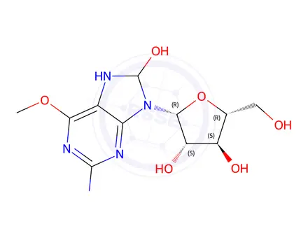 Chemical structure of (2R,3S,4S,5R)-2-(2-amino-8-hydroxy-6-methoxy-7H-purin-9(8H)-yl)-5-(hydroxymethyl)tetrahydrofuran-3,4-diol