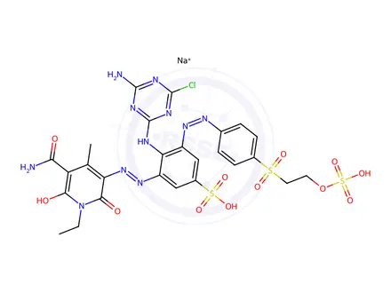 Chemical structure of Benzenesulfonic acid, 2-5-(aminocarbonyl)-1-ethyl-1,6-dihydro-2-hydroxy-4-methyl-6-oxo-3-pyridinylazo-4-(4-amino-6-chloro-1,3,5-triazin-2-yl)amino-5-4-2-(sulfooxy)ethylsulfonylphen