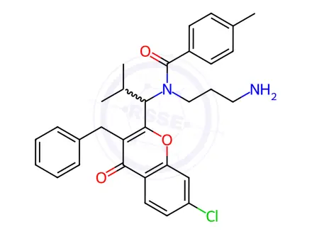 Chemical structure of Benzamide, N-(3-aminopropyl)-N-[1-[7-chloro-4-oxo-3-(phenylmethyl)-4H-1-benzopyran-2-yl]-2-methylpropyl]-4-methyl-