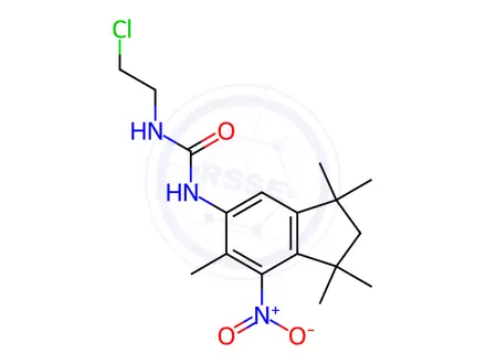 Chemical structure of 1-(2-Chloroethyl)-3-(1,1,3,3,6-pentamethyl-7-nitro-2,3-dihydro-1H-inden-5-yl)urea