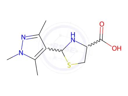 Chemical structure of 2-(1,3,5-Trimethyl-1H-pyrazol-4-yl)-1,3-thiazolidine-4-carboxylic acid