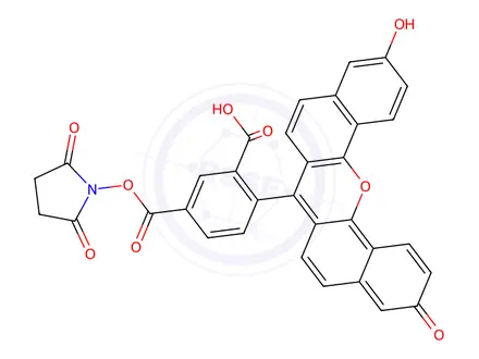 Chemical structure of 5-(6)-Carboxynaphthofluoroscein N-Succinimidyl Ester