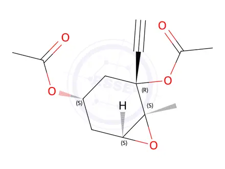 Chemical structure of (1S,2R,4S,6S)-2-Ethynyl-1-methyl-7-oxabicyclo[4.1.0]heptane-2,4-diyl Diacetate