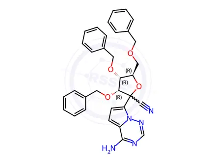 Chemical structure of (3R,4R,5R)-2-(4-Aminopyrrolo[2,1-f][1,2,4]triazin-7-yl)-3,4-bis(benzyloxy)-5-((benzyloxy)methyl)tetrahydrofuran-2-carbonitrile